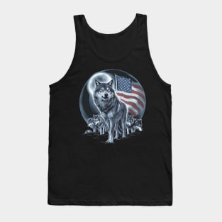 Wolves Under Moon Howling Wolf 4th of July American Flag Tank Top